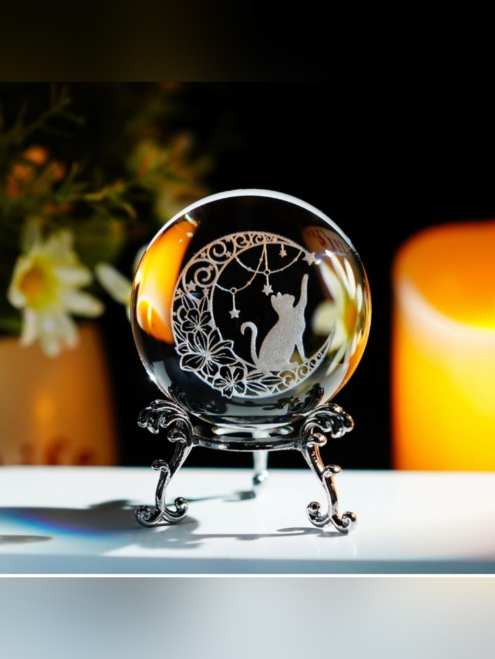 3D Glass Laser Engraved Cat with Moon Star Crystal Decor Ball